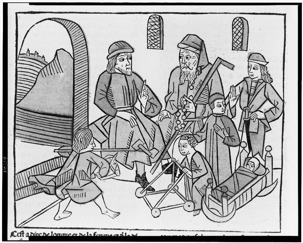 A black and white woodcut illustration depicting a scene of execution by burning. A group of people are gathered around a pile of wood where a person is being burned. The victim is lying on the pile of wood, and several figures are standing around, some holding tools like axes and pitchforks. There's a building in the background with an archway and a window.