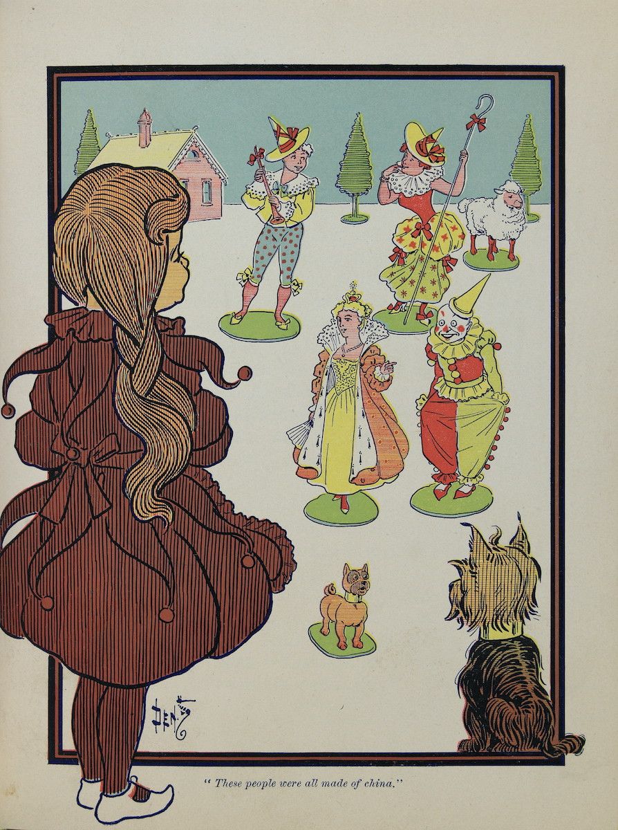 Vintage illustration of a group of porcelain figures and two people.