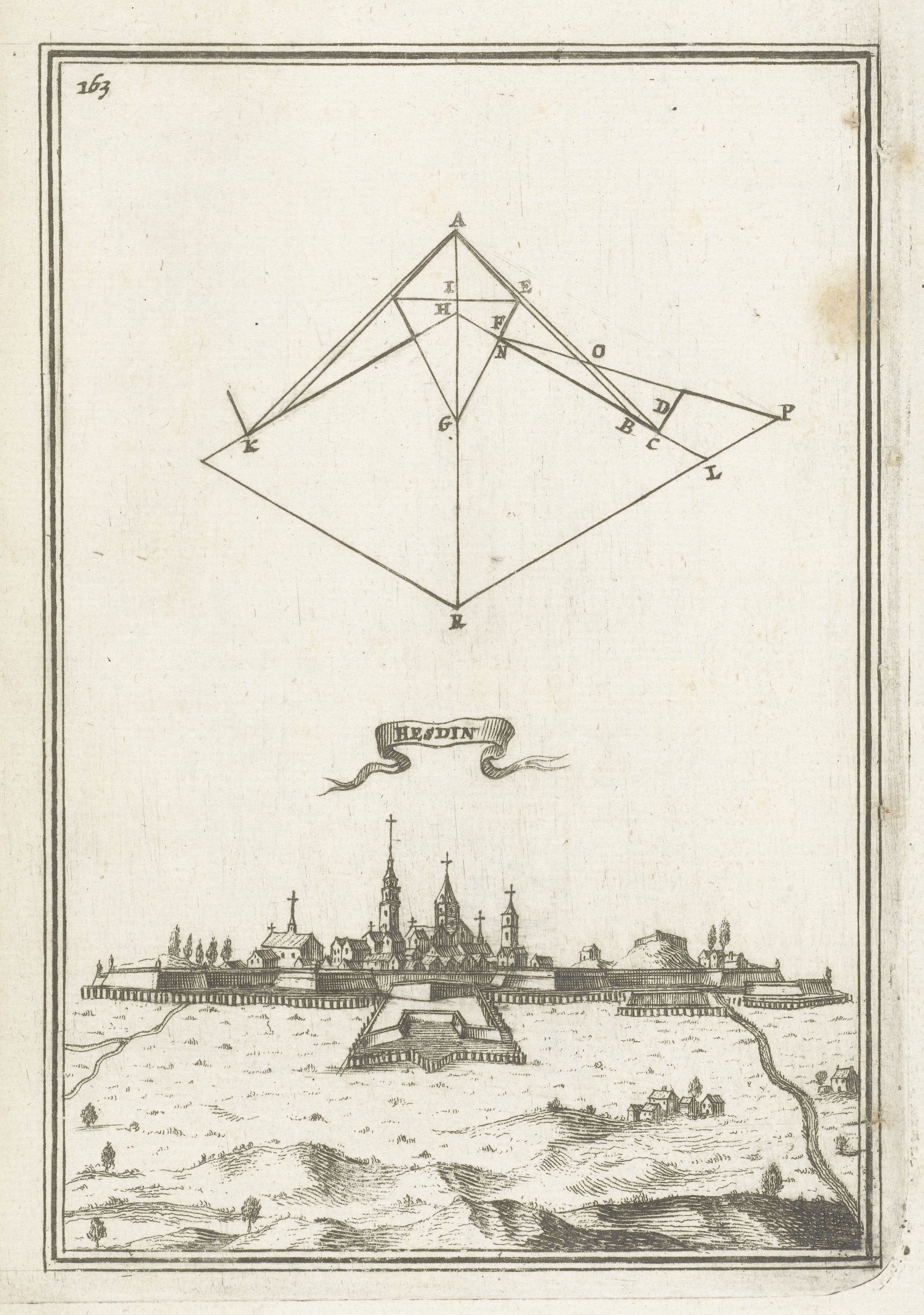 A vintage black and white engraving depicting a city landscape with a geometric diagram above it.