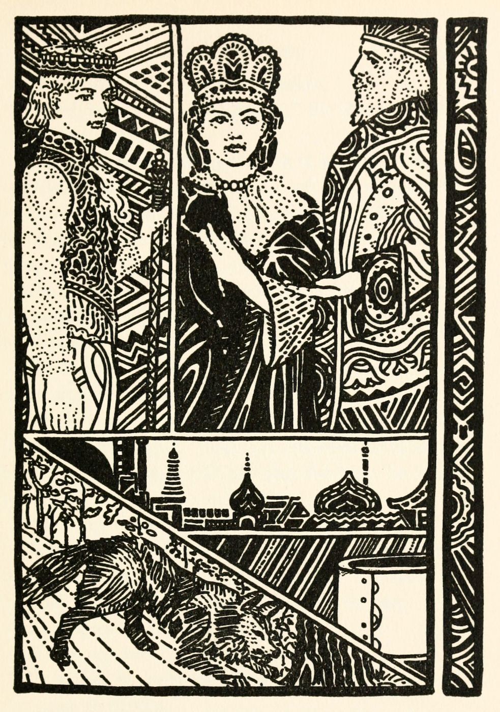 A black and white illustration with three crowned figures above a cityscape.