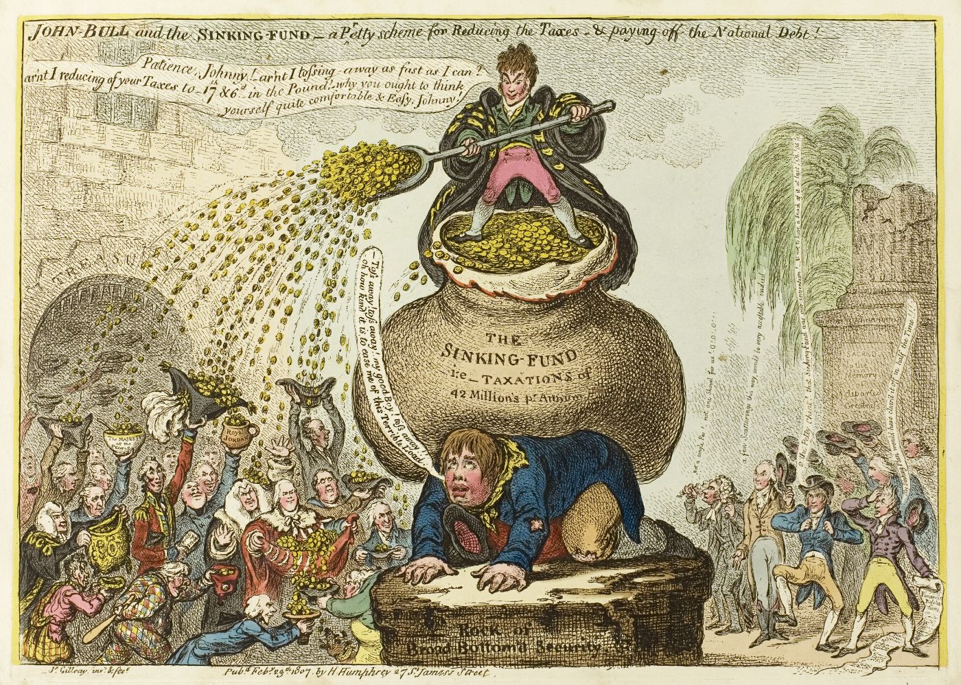 Political cartoon from 1807 titled "John Bull and the Sinking Fund – a Petty Scheme for Reducing the Taxes & paying off the National Debt!" depicting John Bull struggling to hold up a large pot labeled "The Sinking Fund" while a woman pours coins into it.