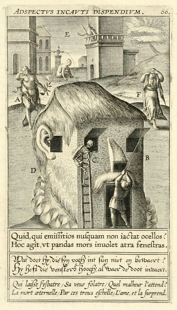 A black and white engraving depicting a grim scene with a building, a ladder, and figures representing life and death.
