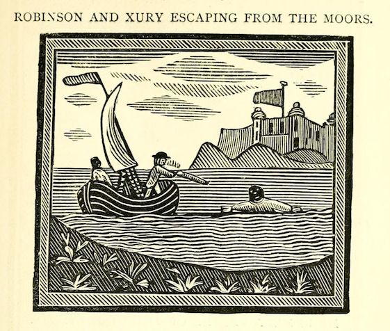 Vintage woodcut illustration of Robinson and Xury escaping from the Moors in a small boat, rowing away from a coastal fortress.