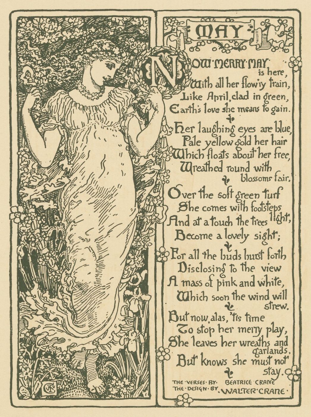Vintage illustration titled "May" with a woman surrounded by flowers and trees, with a poem about spring.