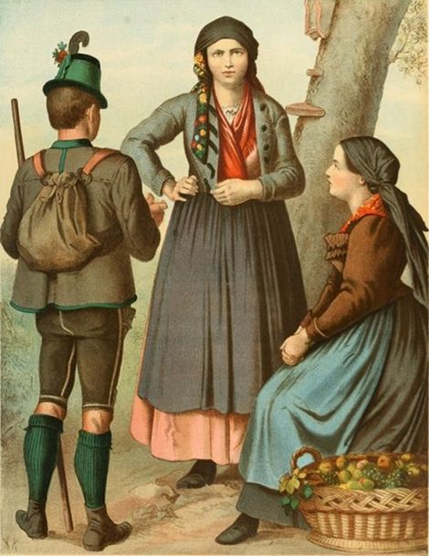 Vintage lithograph of a man and two women in traditional clothing in a rural setting.