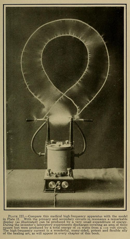 Vintage photograph of a medical high-frequency apparatus with a glowing discharge within a circular arrangement of metal rods.