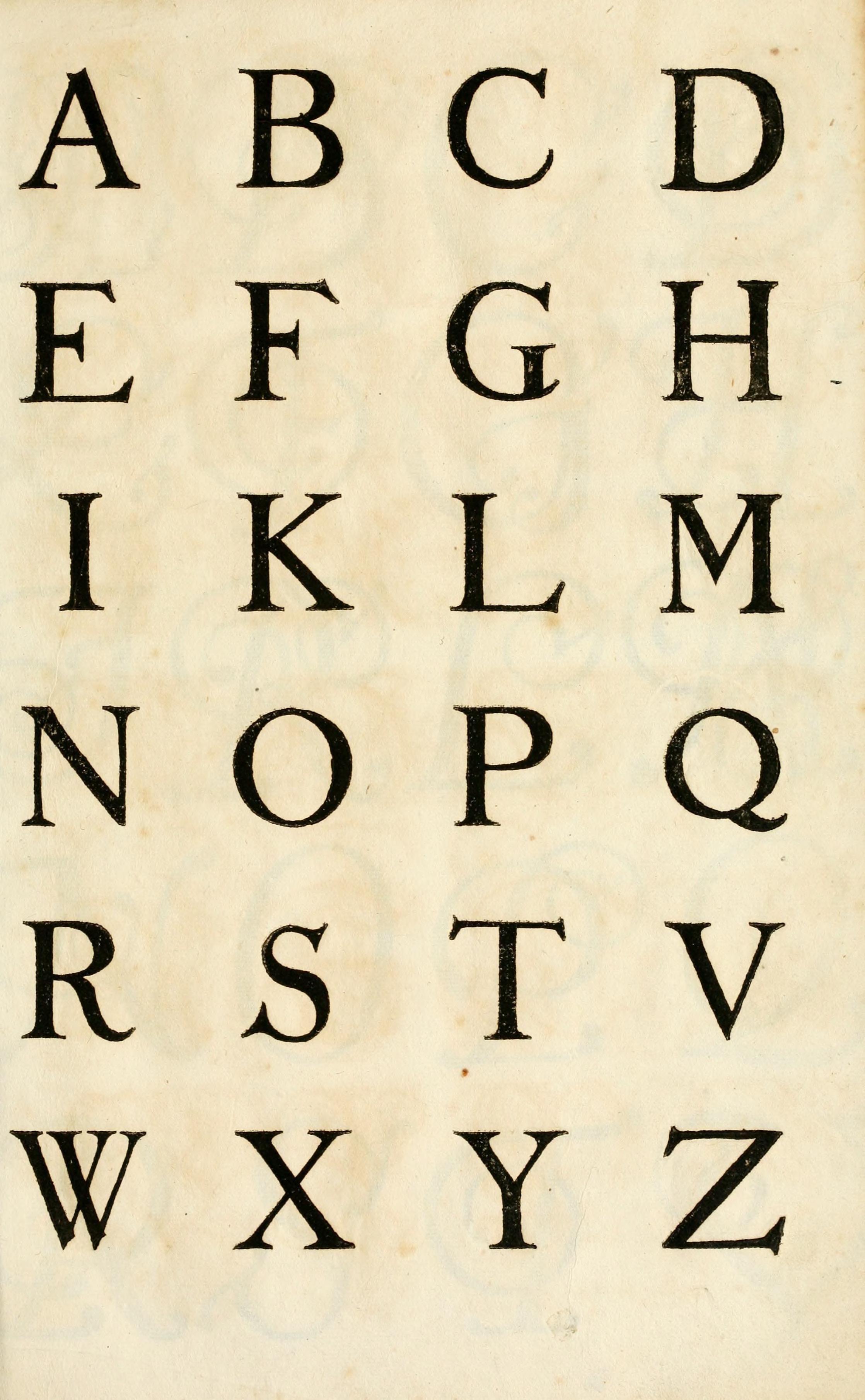 A grid of uppercase letters from A to Z in a dark serif typeface on a cream background.