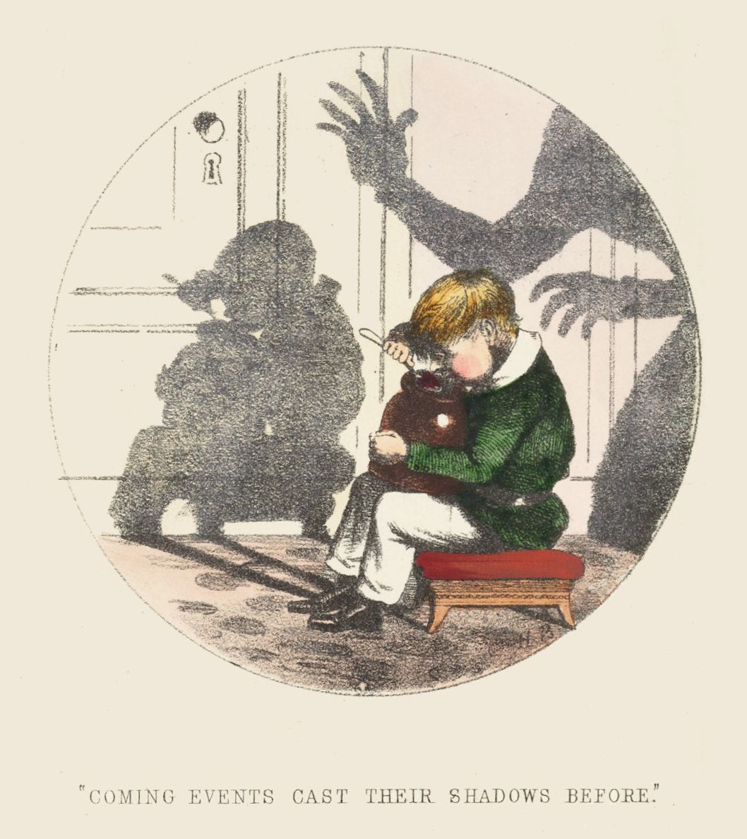 Vintage illustration of a boy and a monstrous shadow.