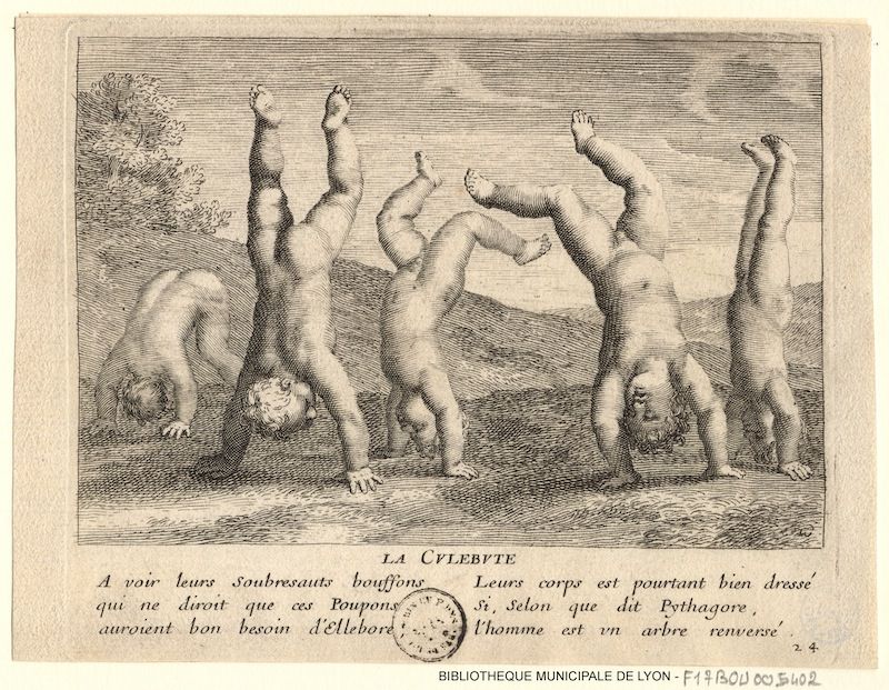A vintage black and white engraving depicting six muscular men standing on their hands with their legs straight up in the air, resembling an inverted tree. French text is below the image, and a library stamp is in the bottom right corner.