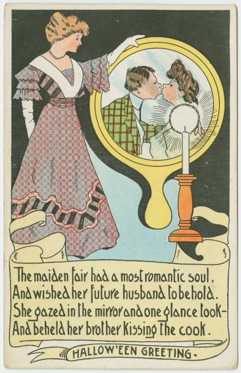 Vintage Halloween greeting card illustration of a woman looking in a mirror and seeing her brother kissing the cook.