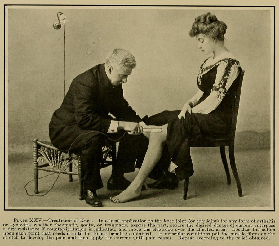 Vintage image of a medical treatment scene with a man applying a device to a woman's knee.