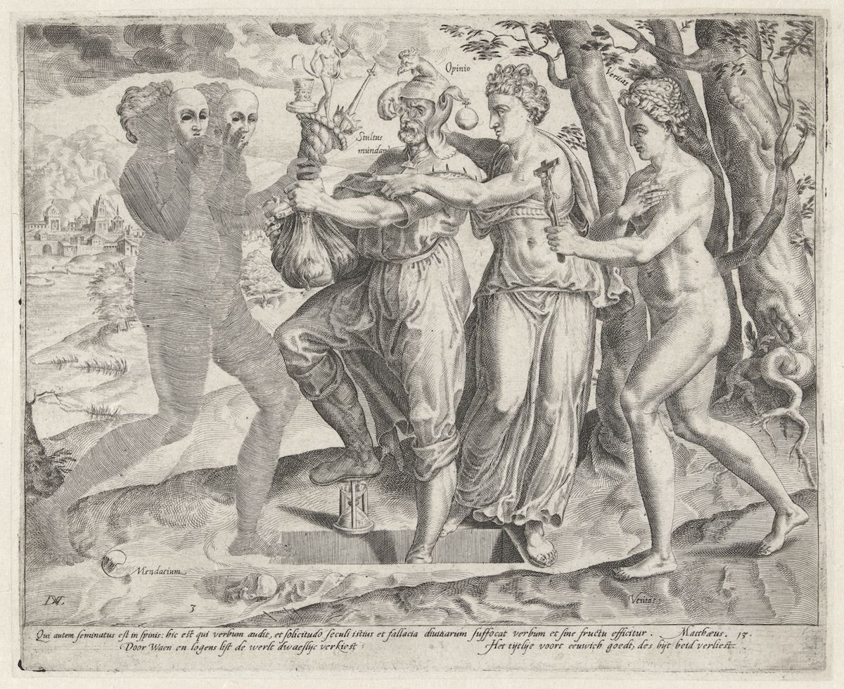 A black and white engraving depicting a classical scene with five figures in a landscape. The central figure holds a bird, surrounded by two draped figures. A nude male figure stands to the right, and another figure stands on the left. The landscape features trees and hills.