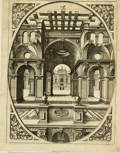 A detailed black and white engraving of a grand architectural interior with columns, arches, and a temple-like structure in the distance, framed within an oval vignette.