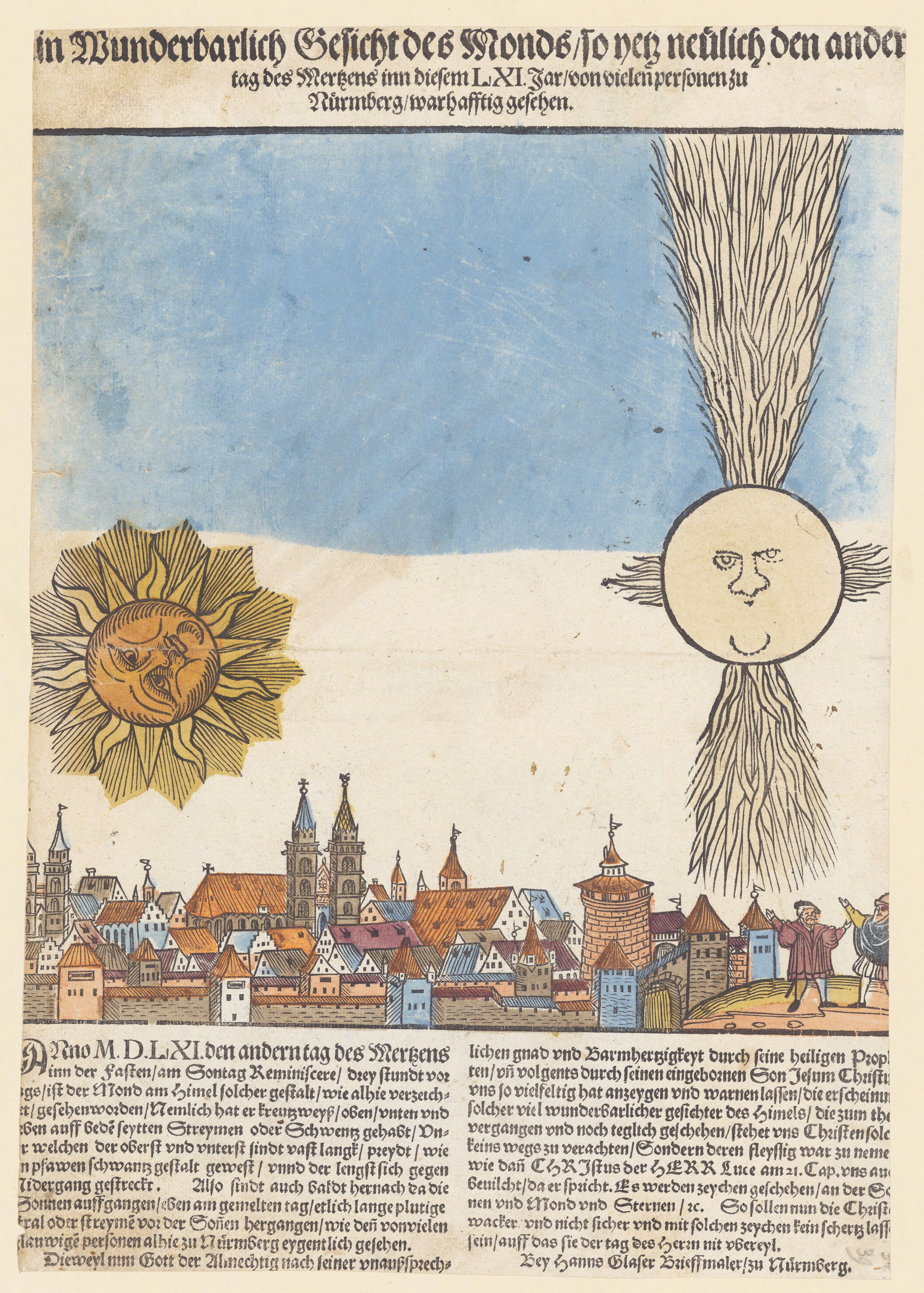 A colorful woodcut print from 1494 depicting a celestial event over the city of Nuremberg. The sky is filled with a radiant sun and a full moon, surrounded by stars and clouds. Below is a detailed cityscape of Nuremberg, with numerous buildings and towers. Below the cityscape is a block of dense, Gothic-style text in German.