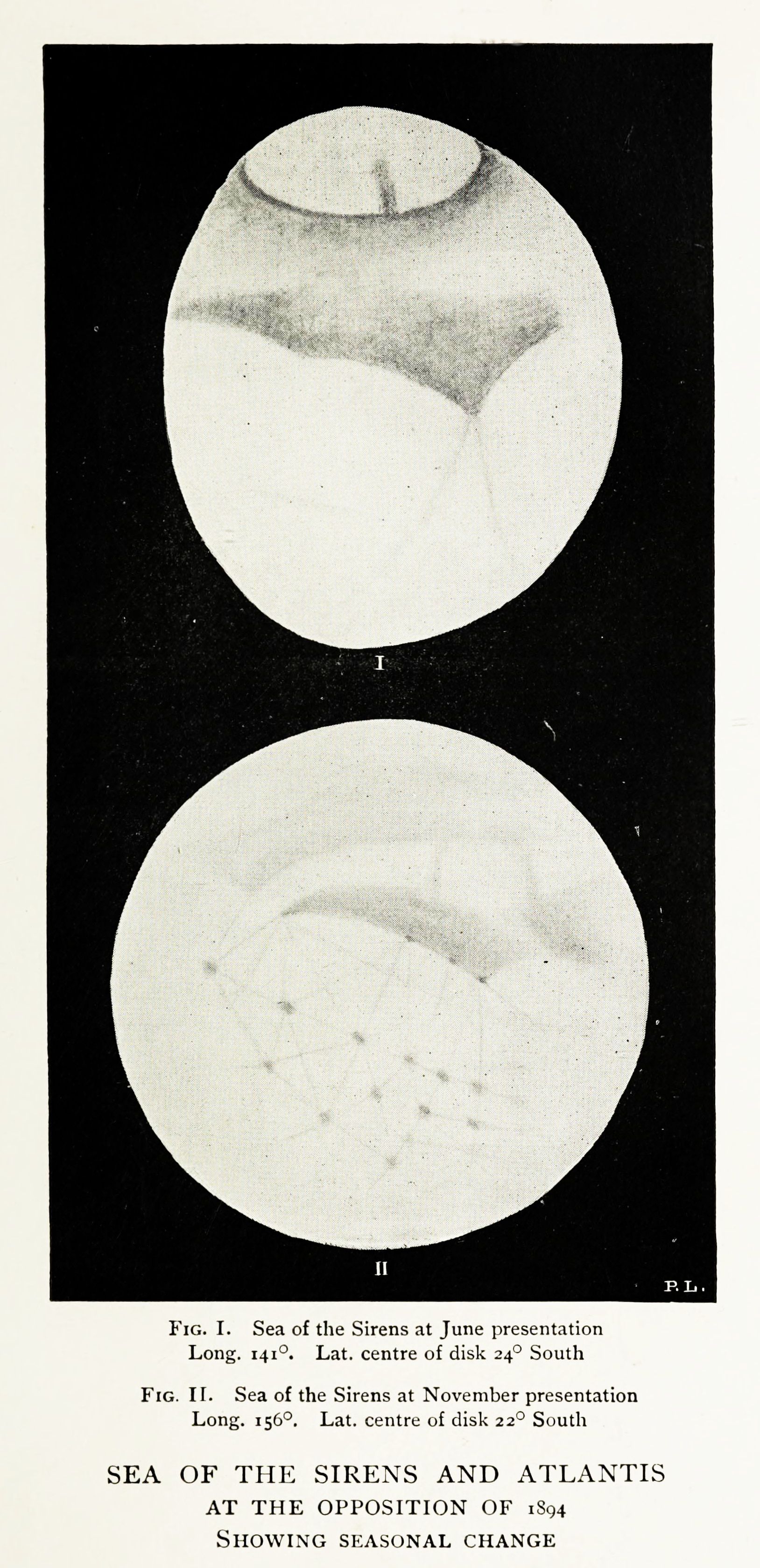 Two circular images of the moon, labeled as 'Sea of Sirens' at different times of the year, with text below describing the images.