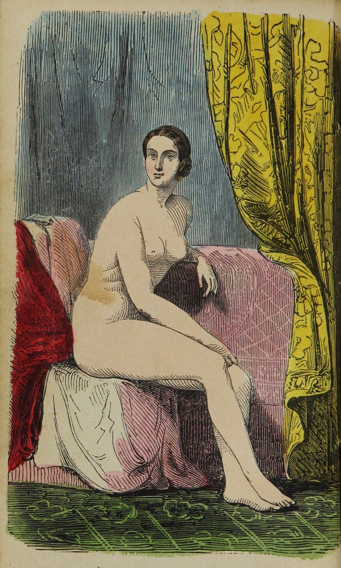 Vintage illustration of a nude woman seated on a sofa.