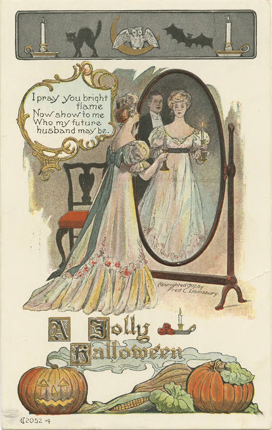 Vintage Halloween postcard with a woman looking into a mirror and seeing a ghostly figure in the reflection.