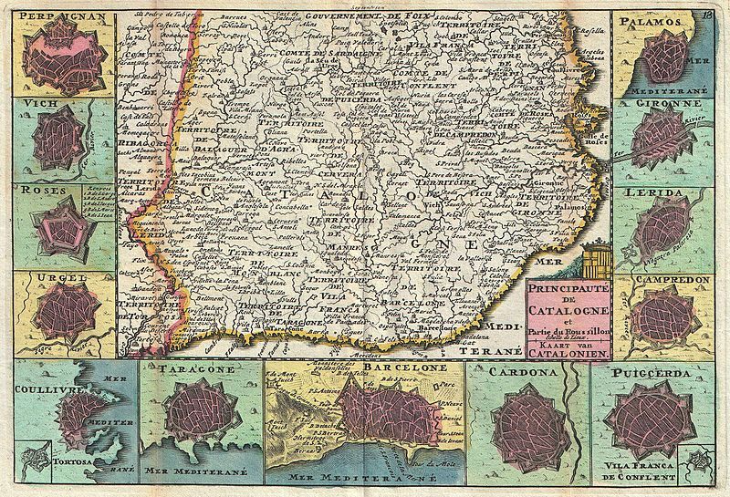 Historical map of Catalonia with detailed city illustrations and ornate labeling.