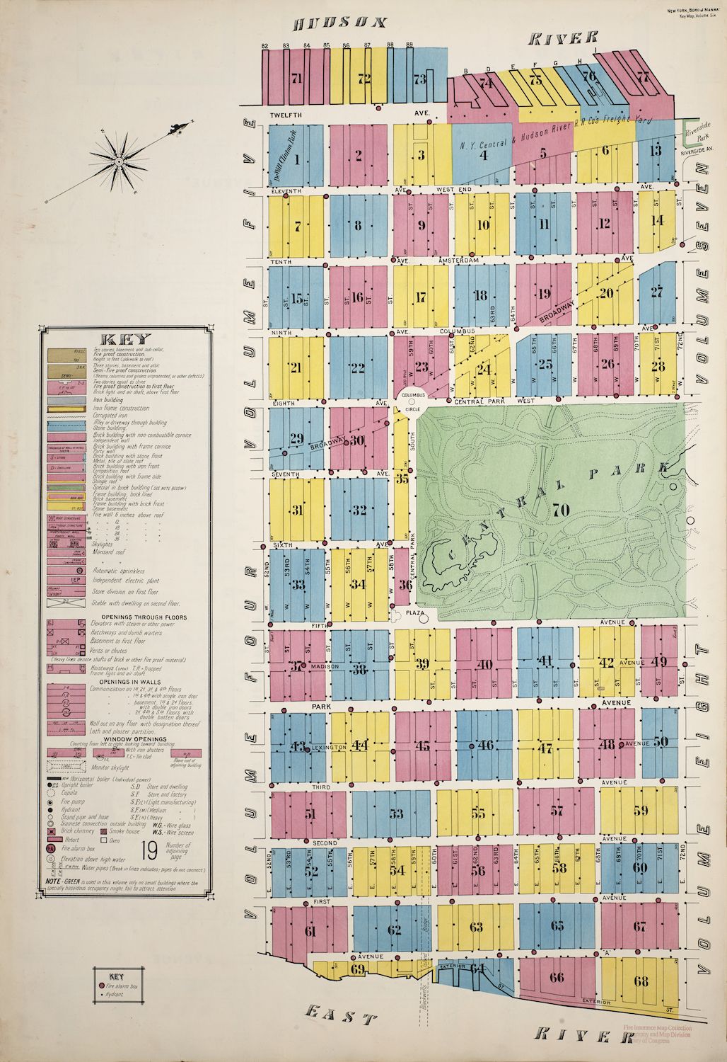 Vintage map of Manhattan, New York City, with color-coded blocks representing building materials and a detailed key explaining the color scheme.
