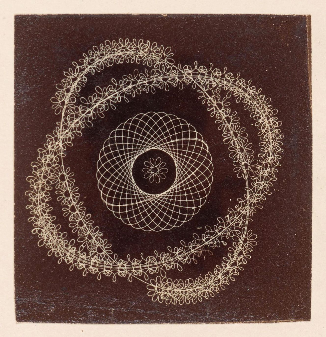 A square-shaped artwork featuring a complex, spiraling geometric pattern against a dark background.