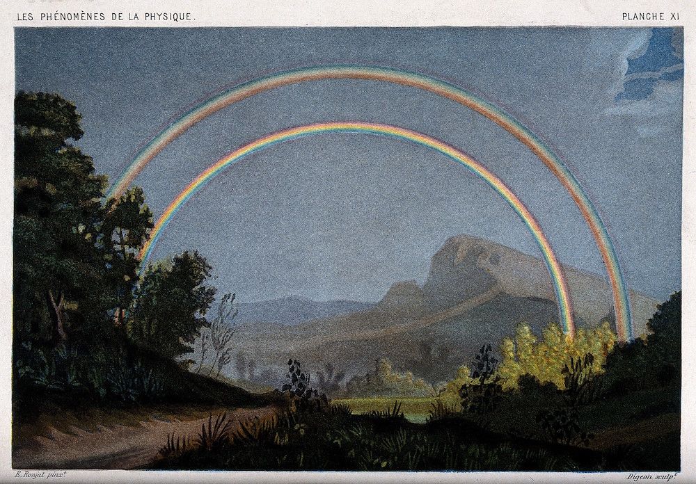 Vintage illustration of a double rainbow over a hilly landscape.