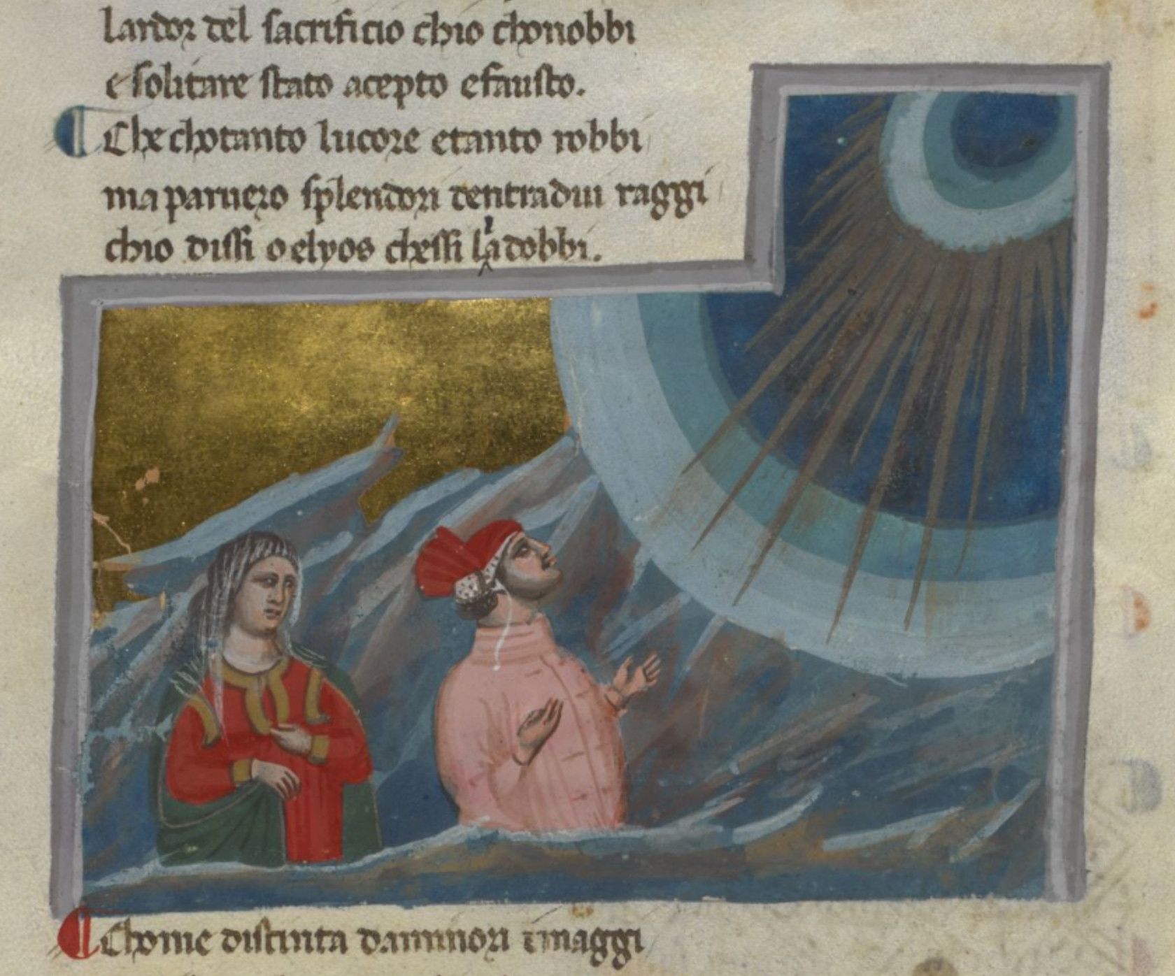 Medieval manuscript illumination depicting two figures in a mountainous landscape under a radiant sun.