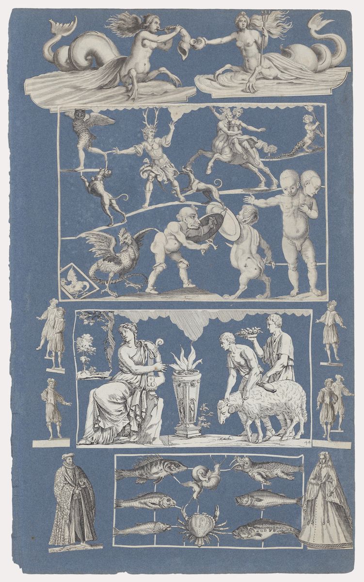 A detailed black and white engraving or drawing on a slightly aged, blue-toned paper. The artwork is composed of several rectangular panels arranged in a grid-like fashion, each containing intricate scenes and figures.