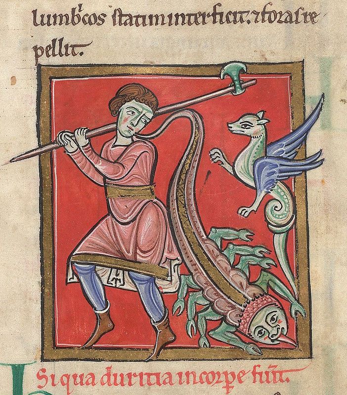 Medieval manuscript illumination of a knight spearing a dragon.