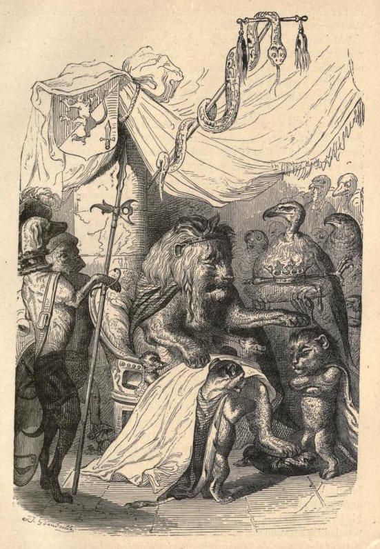 Vintage illustration of a lion shaking hands with a vulture, surrounded by monkeys and humans under a draped tent.