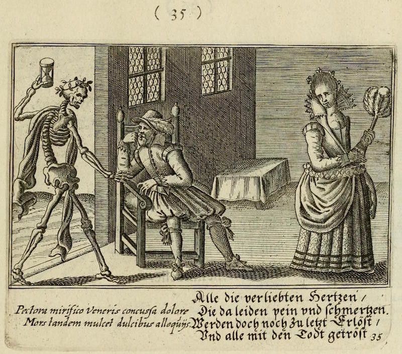 Black and white engraving of a skeleton dancing towards a man seated at a table, while a woman holds a skull and looks on.