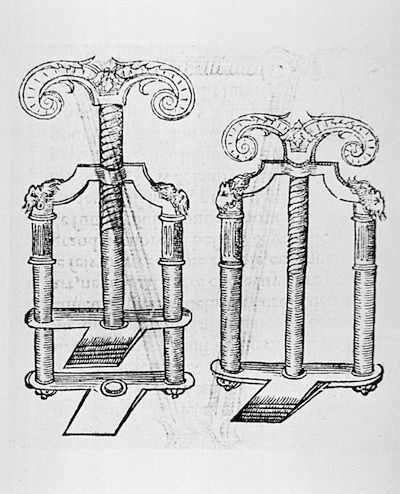 Black and white illustration of two ornate chairs with spiraling columns and elaborate scrolling designs.