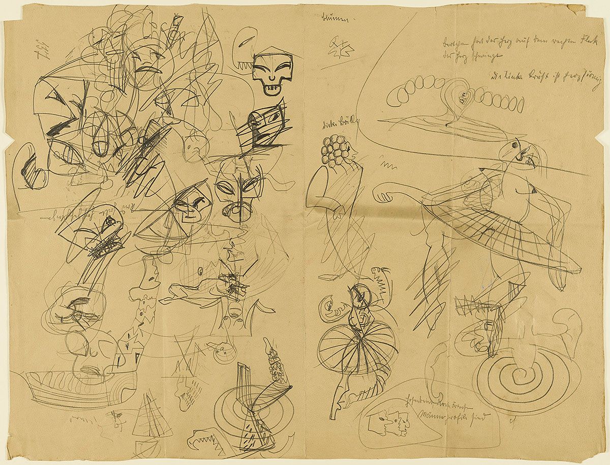 A vintage sketch on aged, yellowed paper filled with a chaotic array of hand-drawn lines, shapes, and figures.