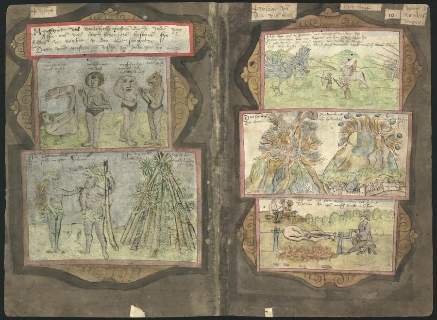 An open page from a historical manuscript with intricate illustrations and accompanying text.