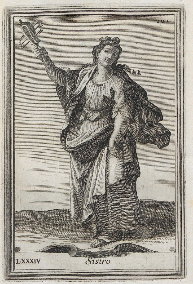 Engraving of a woman holding a sistrum.