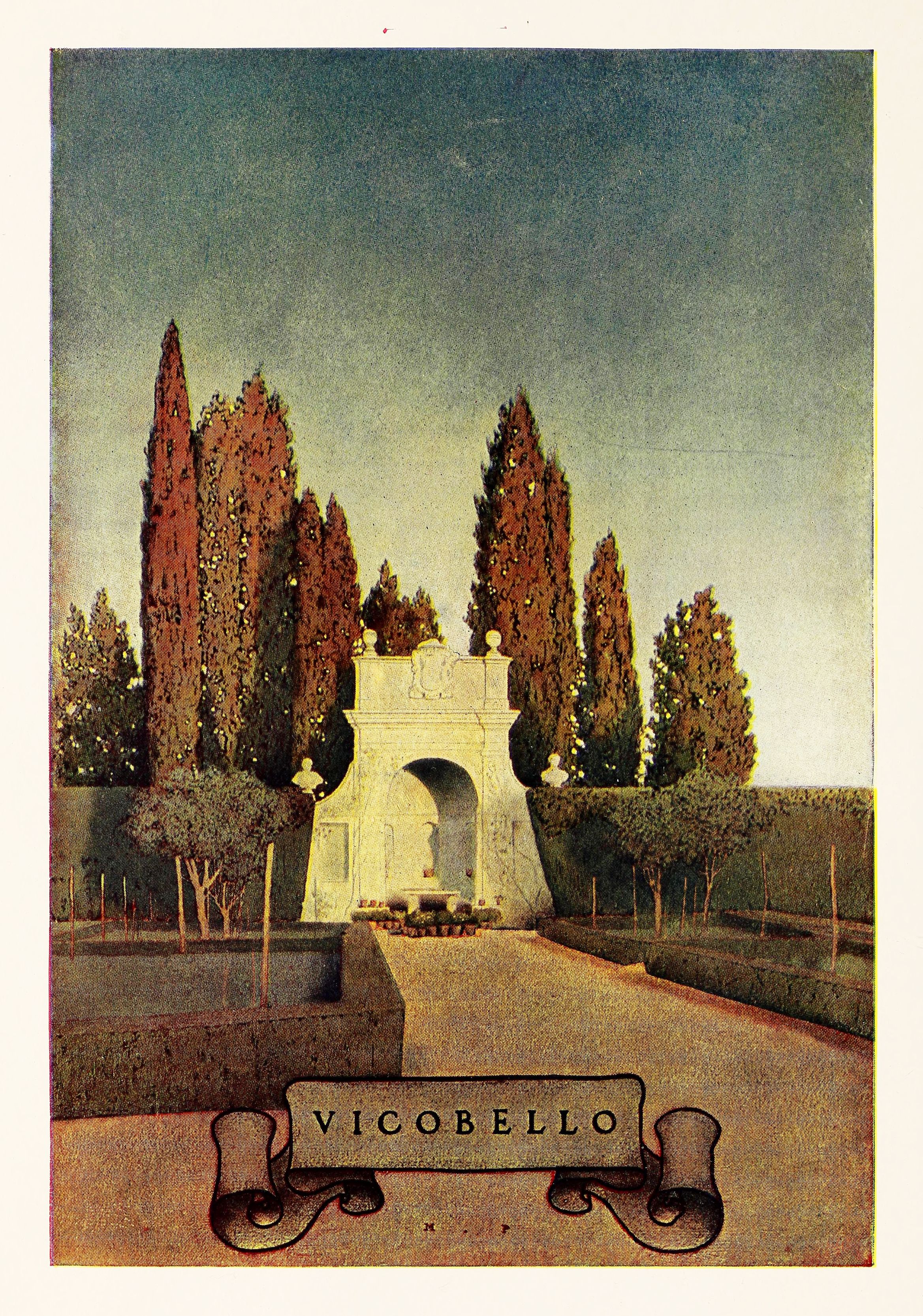 Vintage illustration of a garden with an ornate archway and the word 'VICOBELLO' at the bottom.