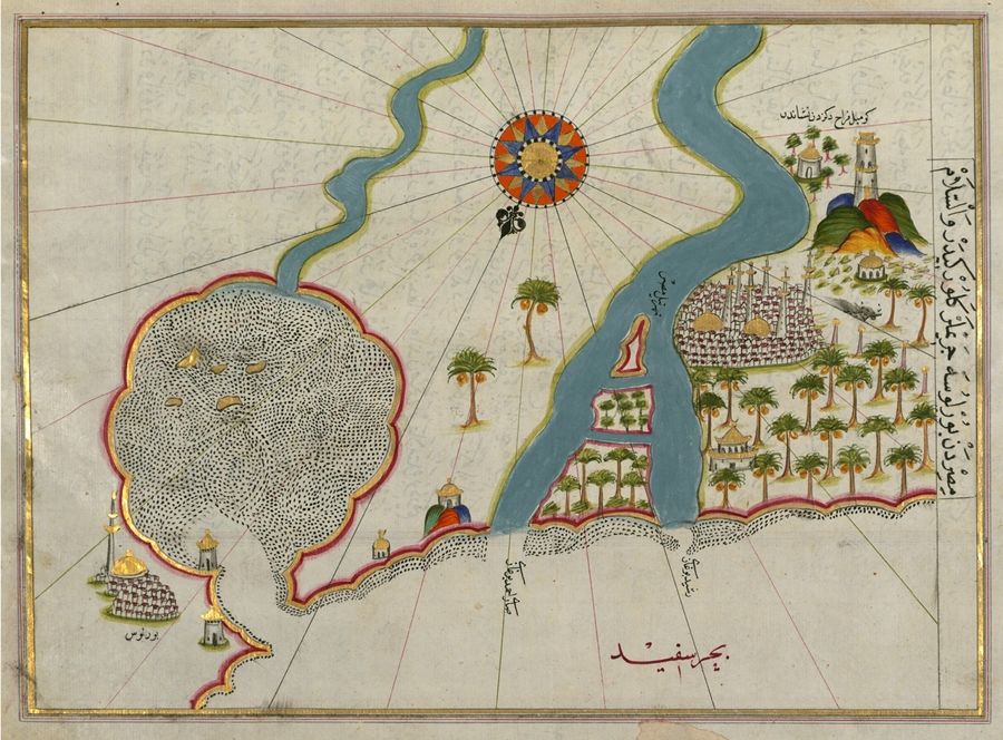 Antique map with a coastline, river, city, and ornate decorations.