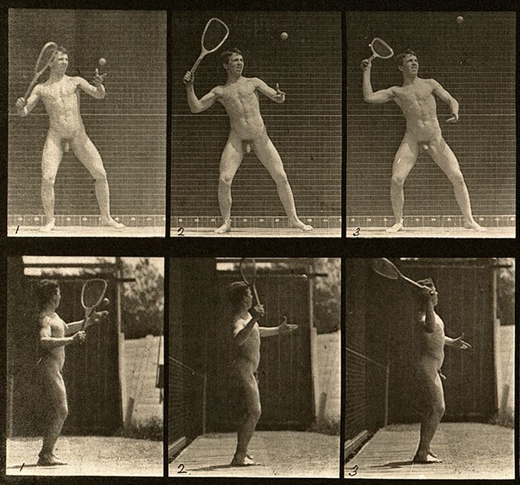 A series of six black and white photographs documenting the motion of a nude man playing tennis.