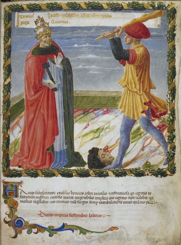 A medieval manuscript illumination depicting a man in a red robe and crown standing over a severed head, while another man wields a sword and flames rise around them. The scene is framed by a decorative border and Latin text.