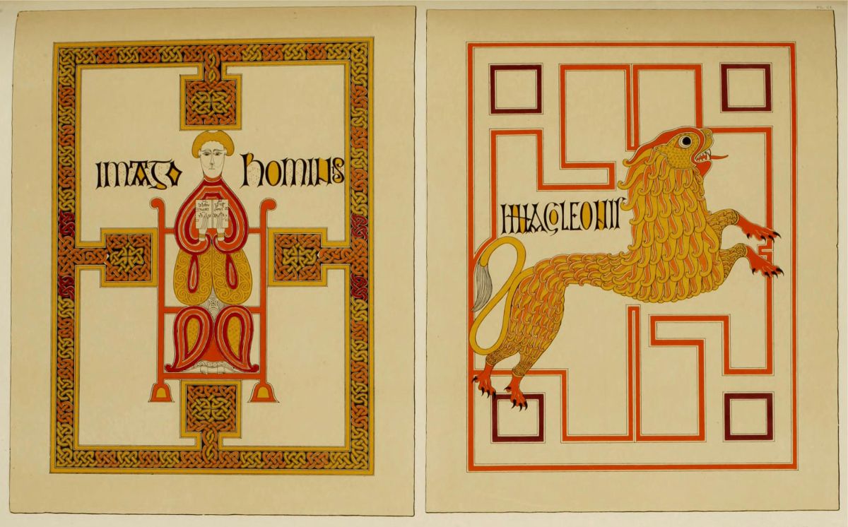 Two pages from an illuminated manuscript, each featuring a central figure within an elaborate border.