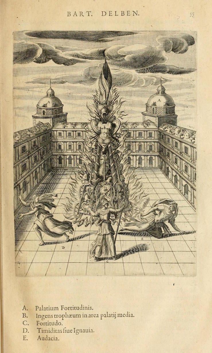 A detailed engraving of a classical courtyard scene with a large trophy and a blazing fire. The courtyard is enclosed by a grand building with arches, columns, and domes. Several figures are present around the fire. Labels identify specific elements such as the Palace of Fortitude, the trophy, and figures representing Fortitude, Timidness, and Audacity.
