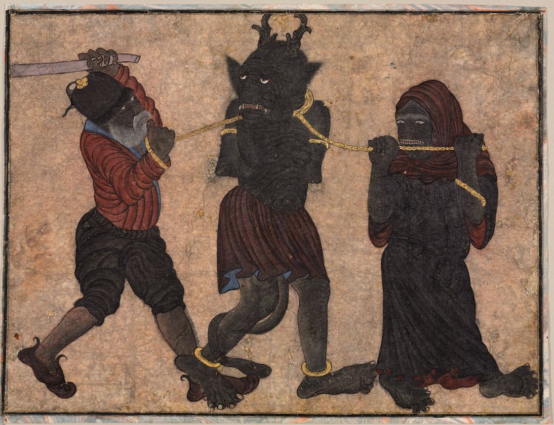 A painting depicting three dark-skinned figures chained together, with one figure holding a sword. The background is a mottled beige color.