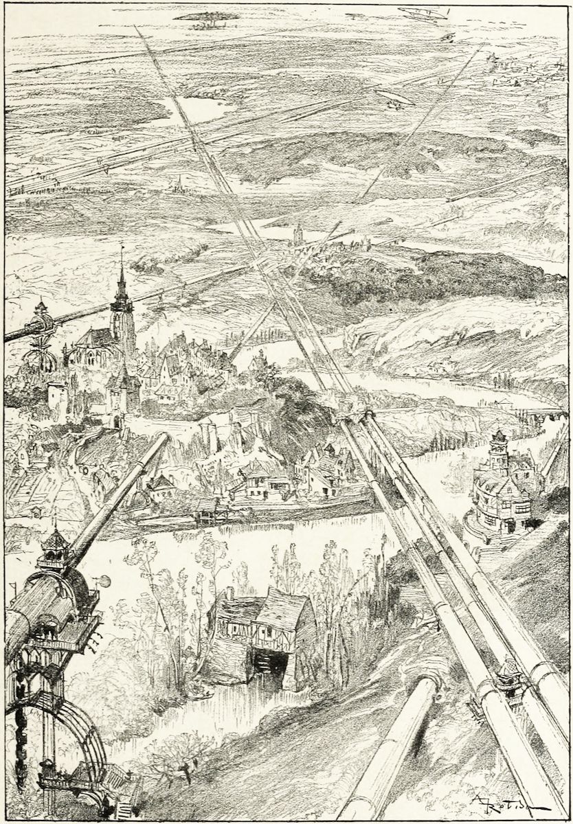 A detailed black and white illustration of a fantastical city landscape with a river, buildings, and a complex mechanical structure in the foreground.