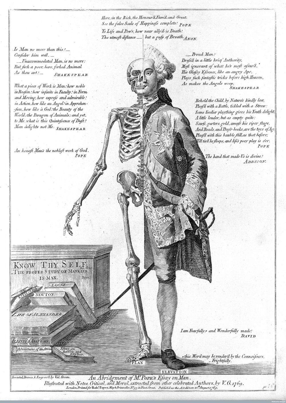 A detailed engraving of a skeleton examining a book, surrounded by quotes from famous authors.