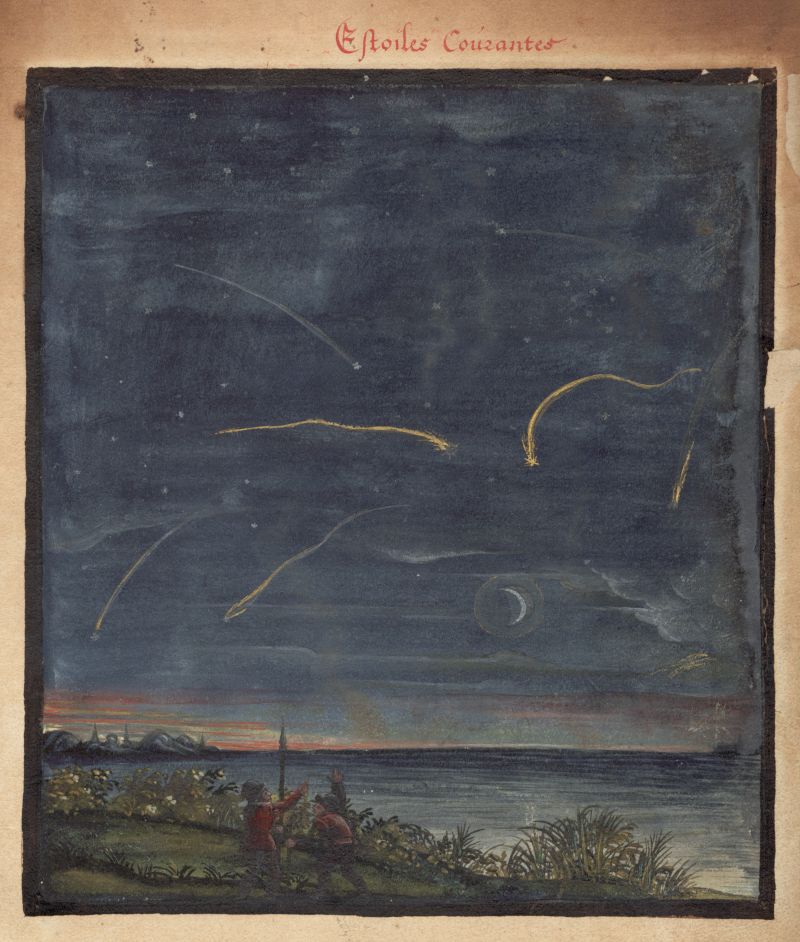 A vintage illustration of a night sky filled with comets and a crescent moon, with a landscape and people in the foreground.