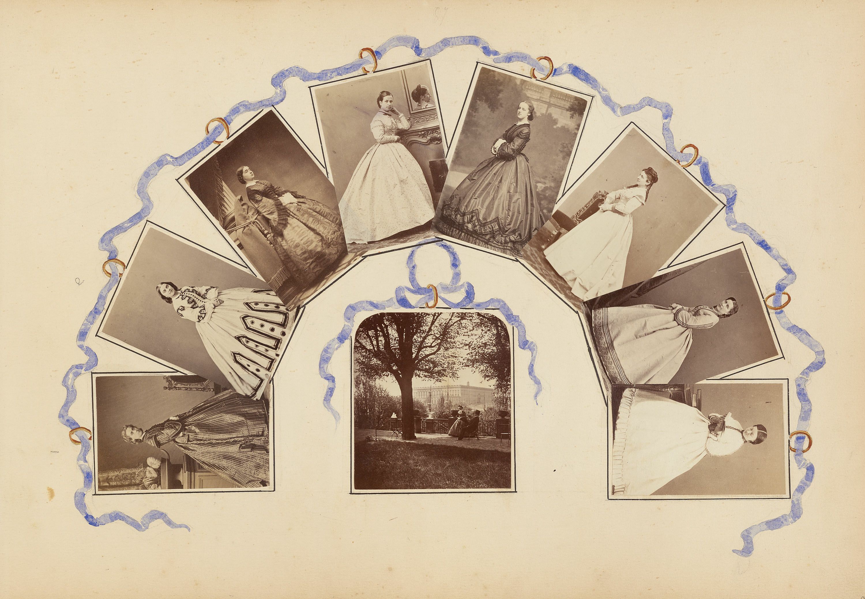 A vintage photograph featuring a circular arrangement of portraits and a landscape scene.