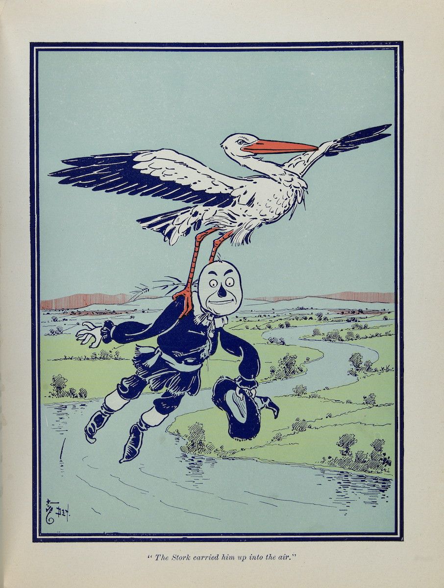 Vintage illustration of a stork carrying a man in its beak, with a caption below.