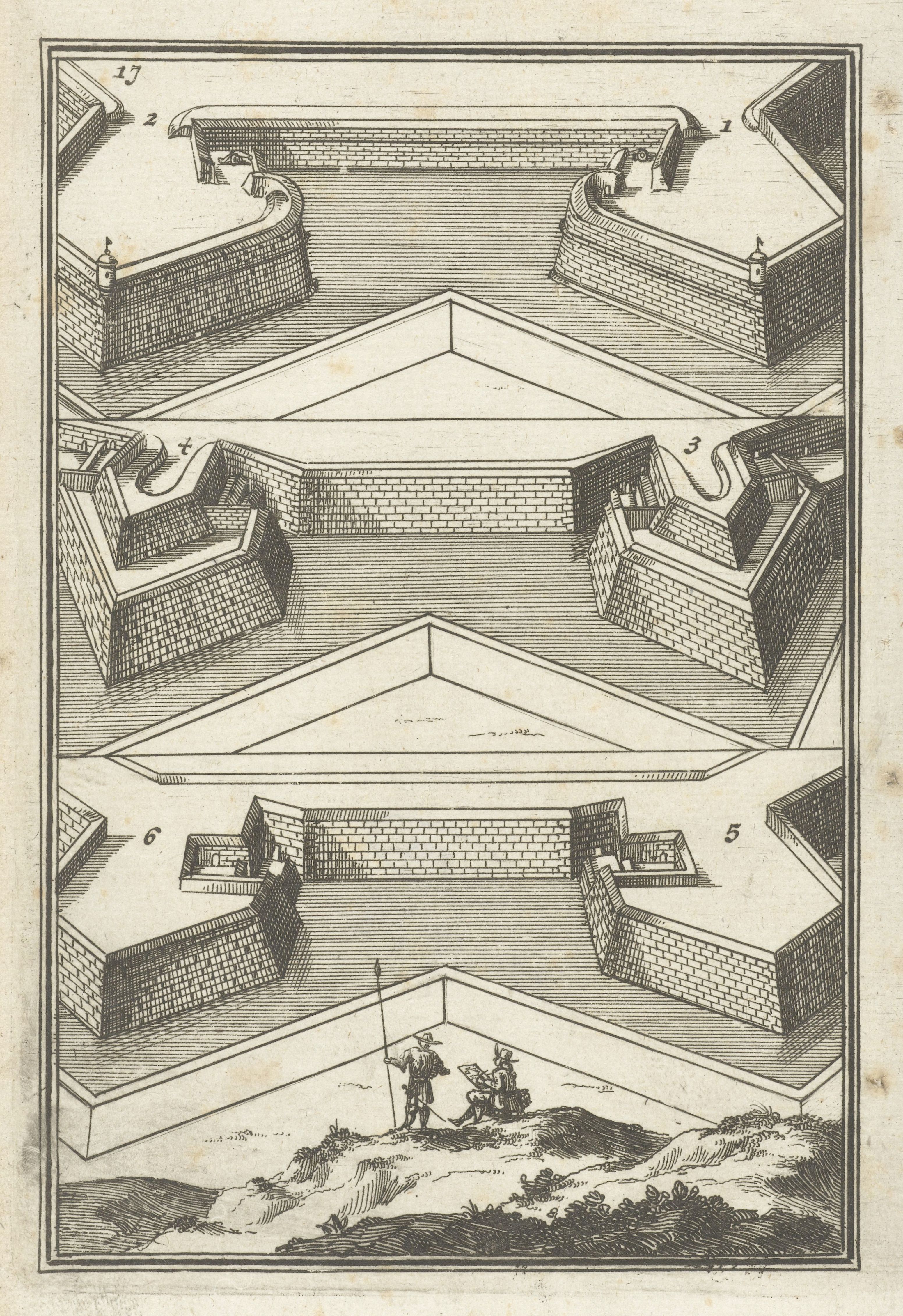 Vintage engraving of fortifications and a landscape.