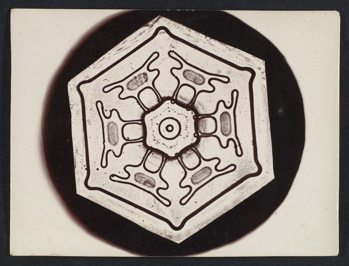A vintage close-up of a snowflake with intricate hexagonal patterns.