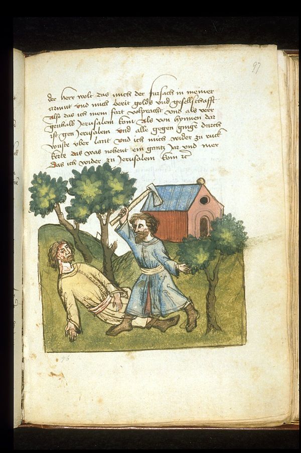 Medieval manuscript illustration of a man chopping another man with an axe.