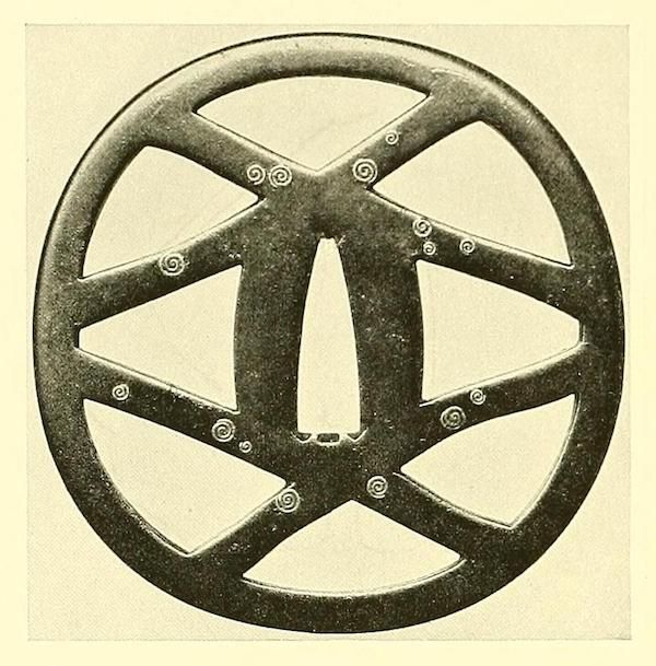 A vintage illustration of a Japanese tsuba, a sword guard, with an intricate openwork design and spiral ornaments.